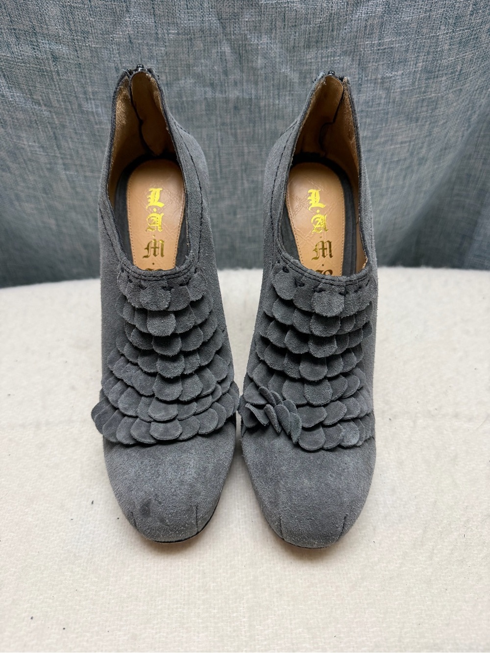 L.A.M.B. Charcoal Gray Suede Ruffle Front Booties